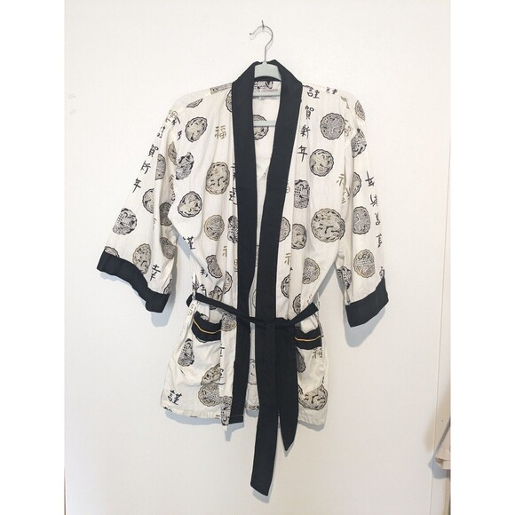 Vtg 50s Pleetway Mens Short Robe Top Kimojama White Blk Metallic Belted Pajama M
